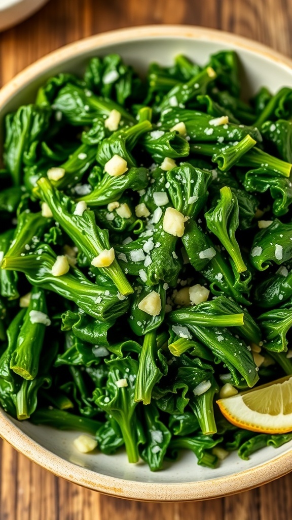 Sautéed Garlic Kale Recipe Sautéed garlic kale in a rustic bowl with lemon wedge on a wooden table.